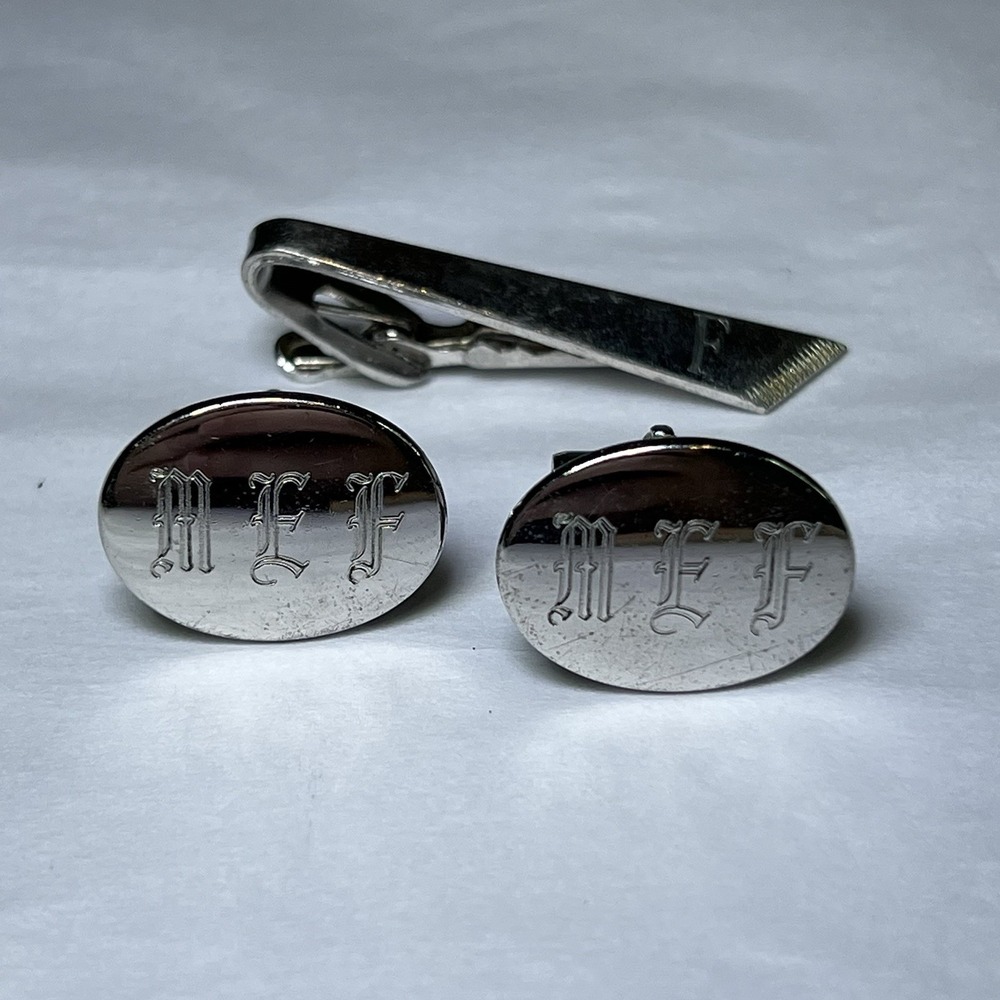 MEF Monogram Letter Engraved Sterling Silver Vintage ANSON Cuff Links Tie Clip